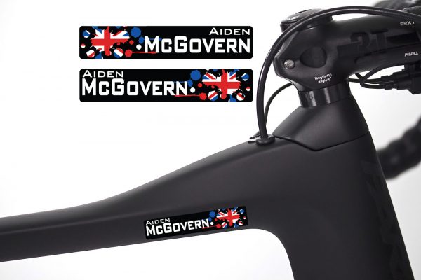 Personalised Bike Frame and Helmet Name Decals - (Splatter Flag) 1 Pair